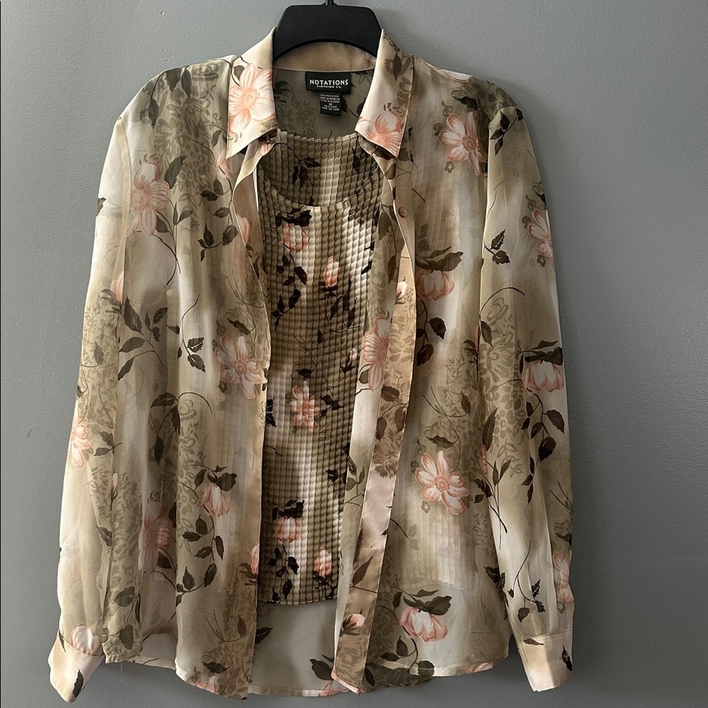 Notations Women’s Medium Sheer Floral Blouse Set with matching tank boho cottage